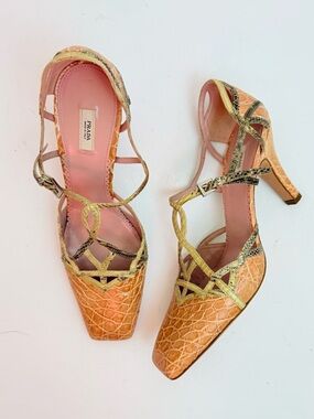 Prada Archive Exotic Crocodile embossed snakeskin trim Square Toe Sandals EU39.5